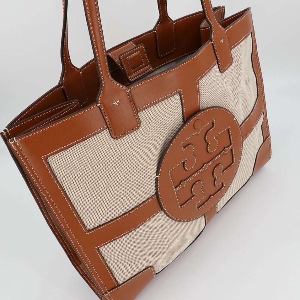 Tory Burch Ella Canvas Tote Quadrant Tote Bag Beige Brown - Picture 5 of 12